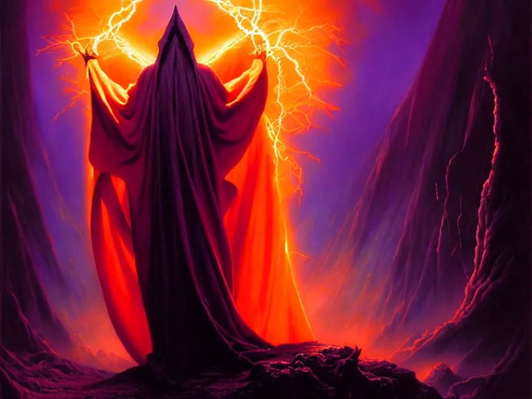Prompt: darker shades of hopeful sins by michael whelan and peter driben and quentin massys and hubert robert and greg staples and william etty, beautiful, mythical, cloak, robe, highly detailed, hyperrealistic, intricate, energy, orange and purple electricity, blue flame, low light, high contrast, lifelike