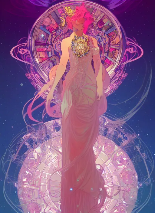 Image similar to a levitating magician surrounded by spirals of sparkling crystal, diamond and rose quartz, full body view, beautiful high quality realistic fantasy art but its hyper light drifter, trending on artstation by alphonse mucha