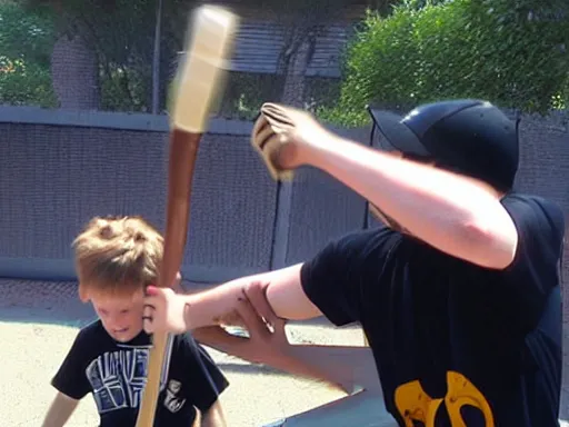 Image similar to jerma hitting a child with an aluminum baseball bat