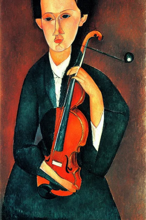 Image similar to violin player portait by modigliani, intricate, highly detailed, hyper realistic, soft shadow