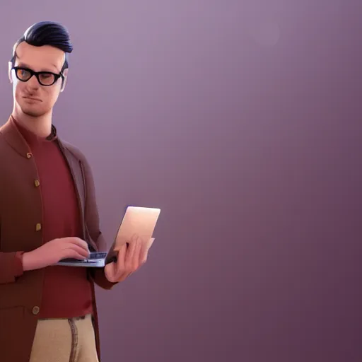 Prompt: highly detailed male character with brown hair and square glasses, 27, no beard, with a macbook and iphone by Frank Lloyd Wright, reflective lighting, front view, foggy atmosphere, stunning, in the style of pixar animation, trending on Artstation, 8k, matte painting, ray tracing, hyper detailed, unreal engine 5, cinematic, epic lighting, cryengine, octane render, vibrant