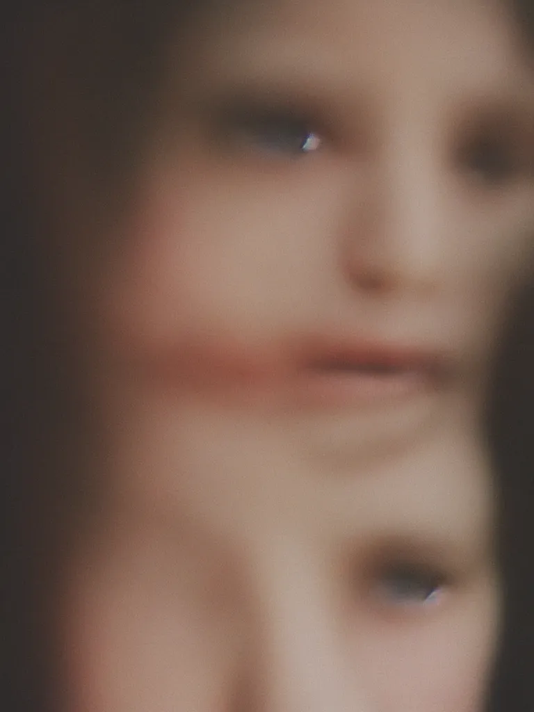 Image similar to close-up photographic portrait of a woman’s face, captured in low light, soft focus, the woman’s features are slightly blurred, Cinestill 800t,