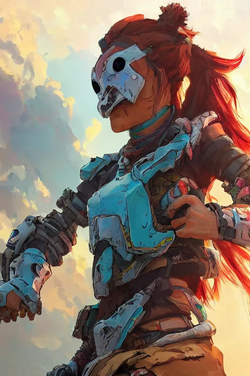 Image similar to combination suit armor aloy horizon forbidden west horizon zero dawn robot ninja mask helmet backpack tribal, art gta 5 comics, official fanart behance hd artstation by jesper ejsing, by rhads, makoto shinkai and lois van baarle, ilya kuvshinov, ossdraws radiating a glowing aura cgi rtx 2 0 2 2