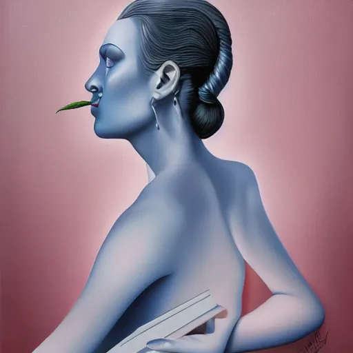 Image similar to a detailed painting of a woman, an ultrafine detailed painting by rafal olbinski, behance contest winner, pop surrealism, detailed painting, very detailed, minimalist, skeuomorphic, airbrush art