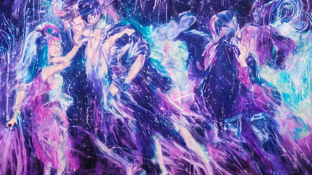 Image similar to beautiful and detailed soft painting of two people dressed as gen z dancing togheter in a nightclub enveloped in trails of colorful animal ghosts floating around them. clean painting, realistic and auora lighting. dark blue and intense purple color palette, art by yoshiyuki tomino, masterpiece, 8 k