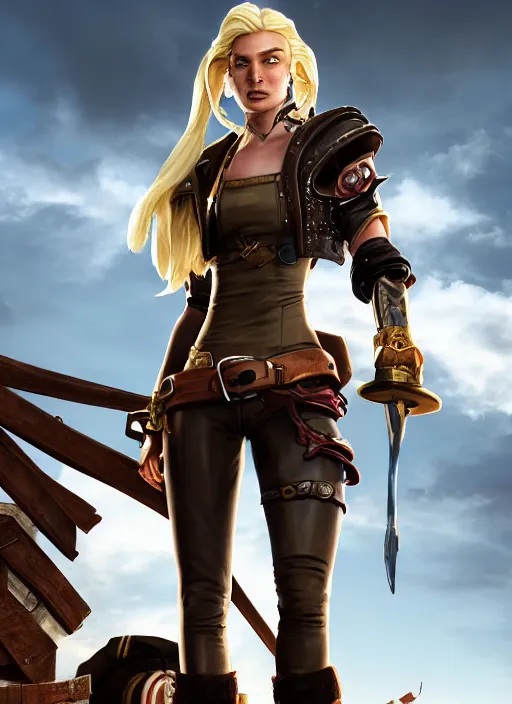 Image similar to An epic fantasy comic book style portrait painting of tall blonde haired female sky-pirate with a serious face and a pony tail in front of a metal gangplank, unreal 5, DAZ, hyperrealistic, octane render, cosplay, RPG portrait, dynamic lighting