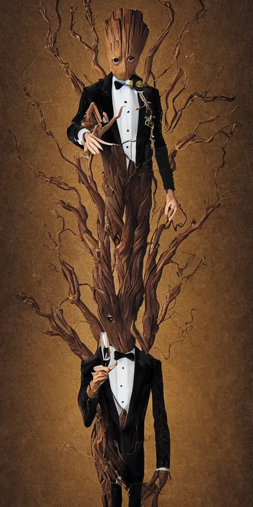 Image similar to realistic groot as a gentleman wearing tuxedo drinking wine, digital art, trending on artstation, behance, octane, intricate, ornate, photorealistic, hyper realism, high detail, movie shot, studio lighting, 8 k, vivid colors, smooth gradients, cinematic