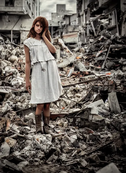 Prompt: award winning photograph miof a dressed young woman amongst rubble, sad face, dirt, dreamlike, low contrast, beatiful composition, 4k