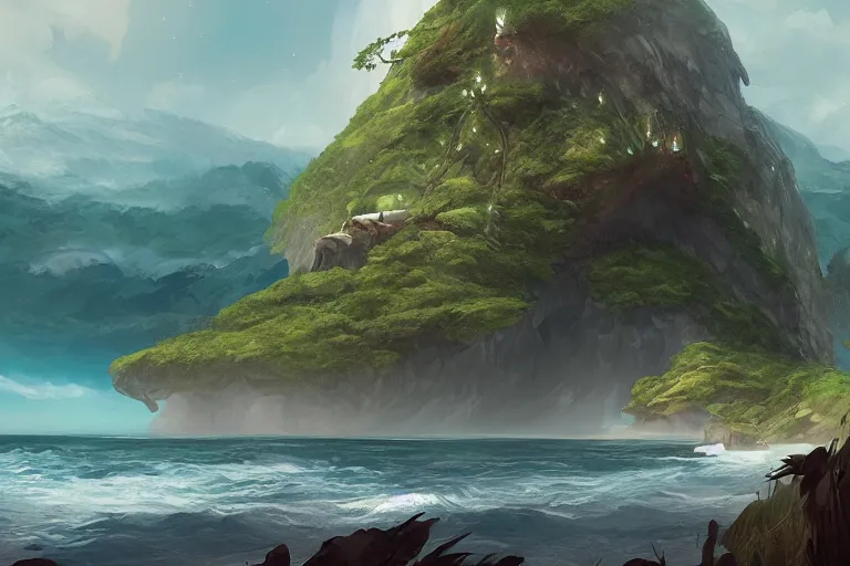 Prompt: an island from afar with forests and a mountain in open ocean, art by Charlie Bowater, artstation, highly detailed, magic the gathering art, fantasy