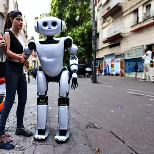 Image similar to Humanoid robots in the streets of Buenos Aires, helping people find their way, on the sidewalk