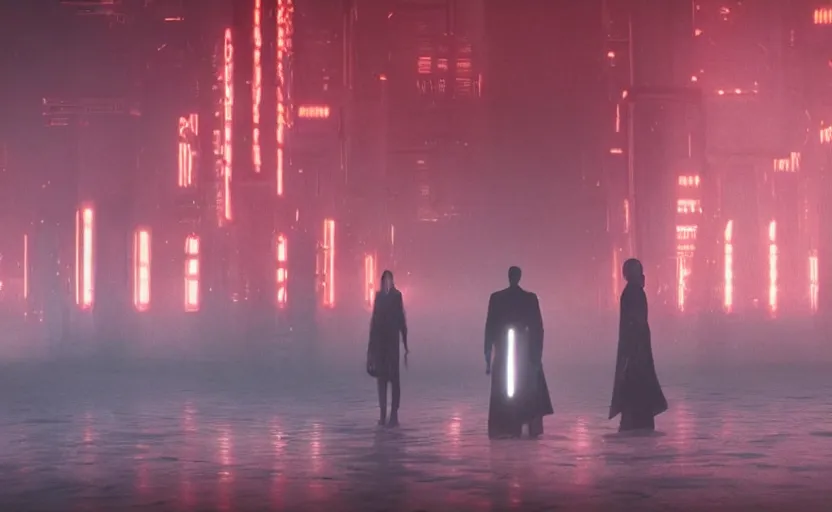 Prompt: A blood black nothingness. A system of cells. Within cells interlinked. Within one stem. And dreadfully distinct. Against the dark. A tall white fountain played. Blade Runner 2049, neo-noir, cinematography by Roger Deakins, 8k, cinematic, establishing shot