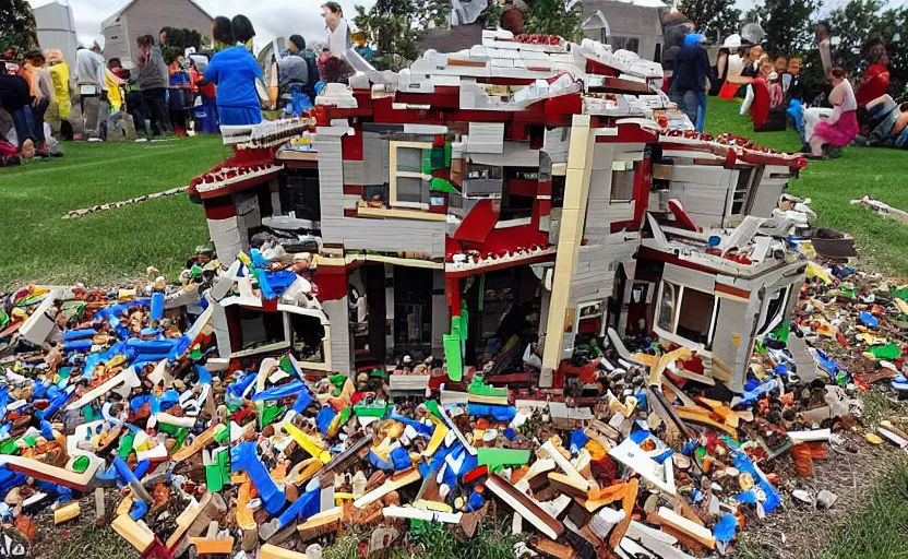 Image similar to a razed broken house made of lego, pieces of lego laying on the lawn