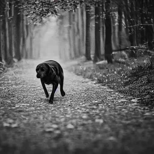 Image similar to A dog with a red collar walking from a dark place to a light place, the dog is monochrome, and has spots. 8k, hyper realistic, HD