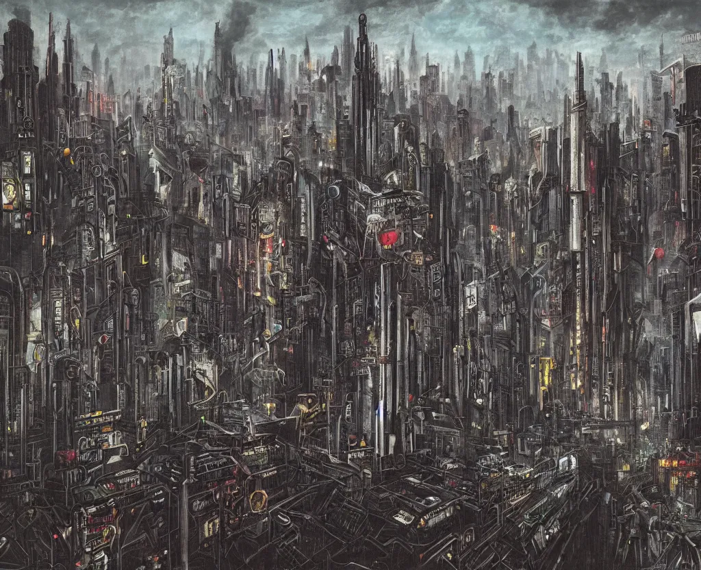 Image similar to a Dystopian gothic surrealism painting of a cyberpunk megalopolis