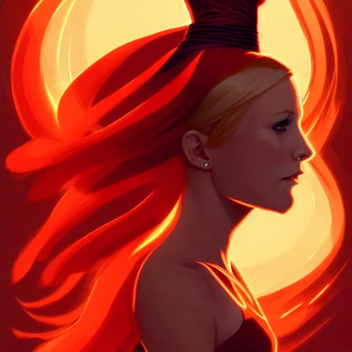 Image similar to style artgerm, joshua middleton, beautiful kristen bell with dark red dress, very long orange hair, symmetrical face, symmetrical eyes, fire powers fire swirling, detailed, volcano setting, cinematic lighting