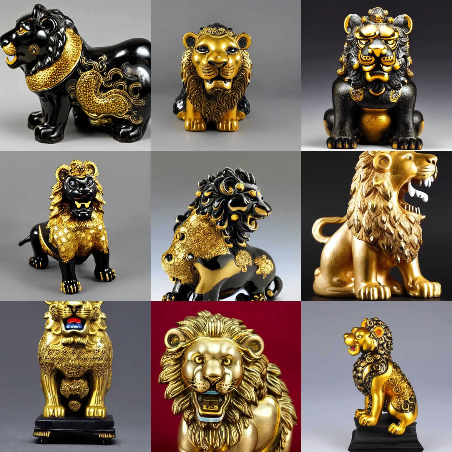 Prompt: chinese lion figurine black and gold
