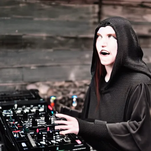 Image similar to a witch wearing a dark hooded cloak on the dj decks