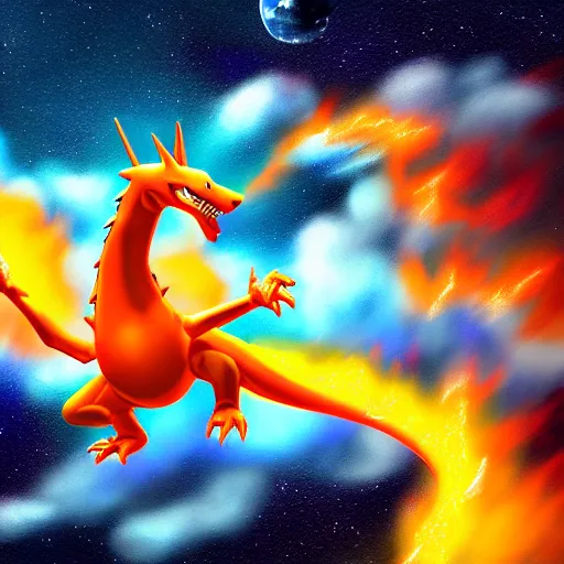 Image similar to ultra realistic charizard from real life flying into space and time above the clouds, the stars and galaxies are shining bright, ue 5, award winning, sharp focus, illustration