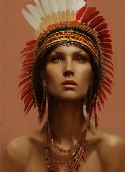 Image similar to gorgeous redskin woman wearing headdress, intricate, elegant, highly detailed, artstation, concept art, smooth, sharp focus, illustration, art by stefan kostic and greg rutkowski