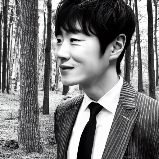 Prompt: male korean actor with tribal facial scarring sitting in a forest, hyper realistic, black and white portrait, 8 k resolution,