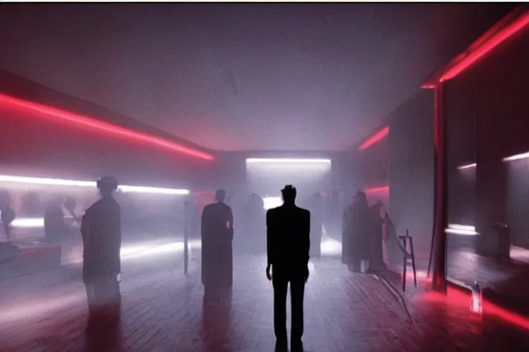 Image similar to back of a man facing a dark conference hall, people cheering at the atmospheric and obscure, red neon light, by roger deakins, cinematography, syd mead