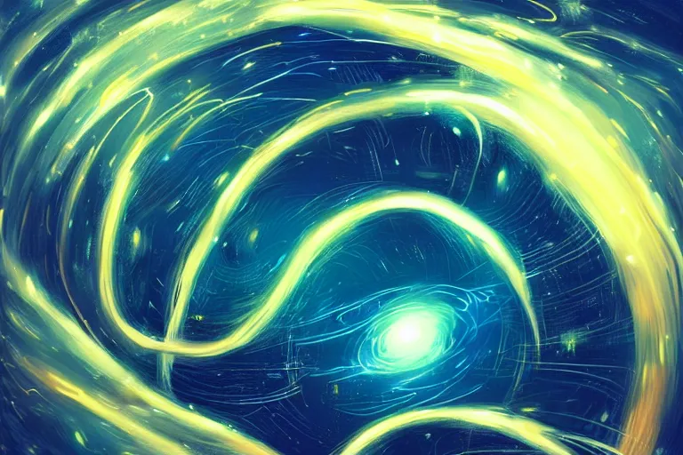 Image similar to an impression of data lines flowing in space, light spots flowing alongside the lines, implying the flow of ever long connection, trending on artstation, flowing within an interstater clouts!, making it's way across the vast universe, by cyril rolando, a person looking onwards from a planets surface