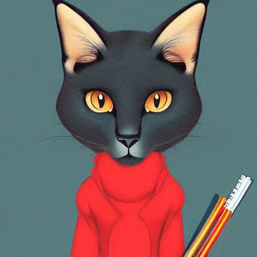 Prompt: cute caracal holding a red marker and pencil with paws, digital art by kuvshinov