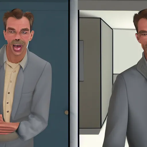 Prompt: chris Hanson being caught in the kitchen by another Chris Hanson,both wearing suits and looking surprised to see each other, photorealistic, 4k