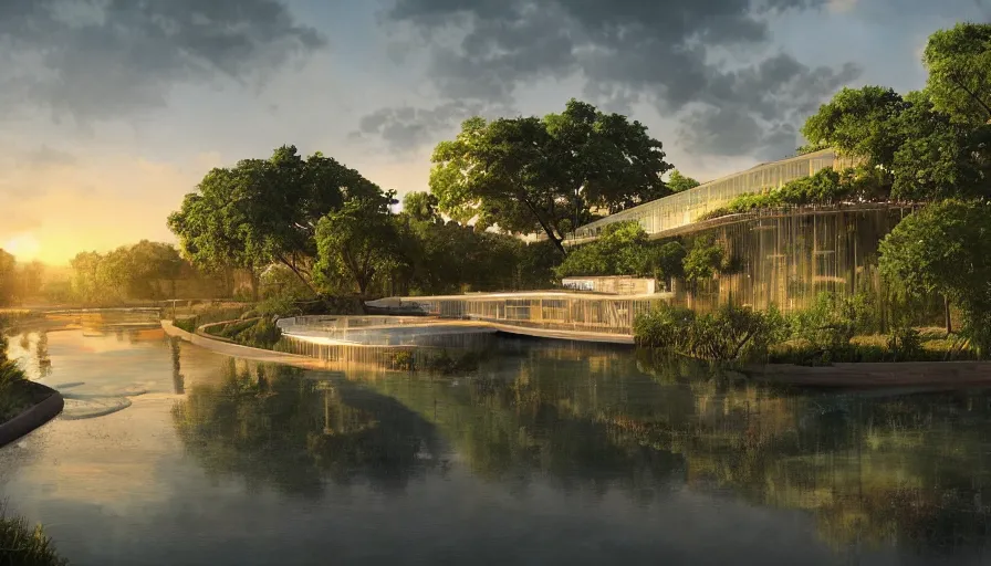 Image similar to concept art of an ecological green hotel built near chicago with water and bridges around it, sunset light, hyperdetailed, artstation, cgsociety, 8 k