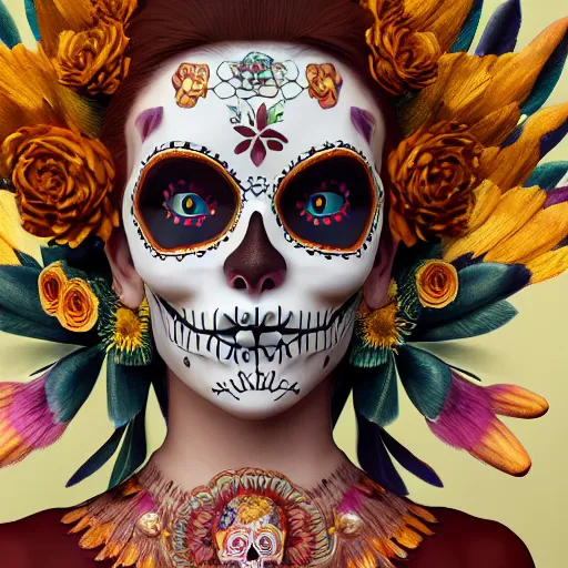 Prompt: lady, mid - waist self - portrait, perfect symmetry, intricate, dia de los muertos, skulls and flowers mask, aztec ultra detailed feathered dress 4 k resolution, octane rendering, ultra realistic, photo realism, beeple, 2 0 mm
