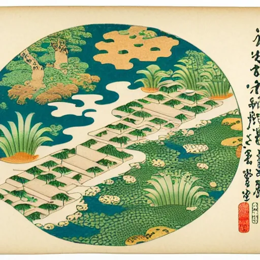 Prompt: 3d isometric botanical illustration of a small city in an island (shaped as a coi fish) surrounded by water, by maria sibylla merian in Ukiyo-e style, HD