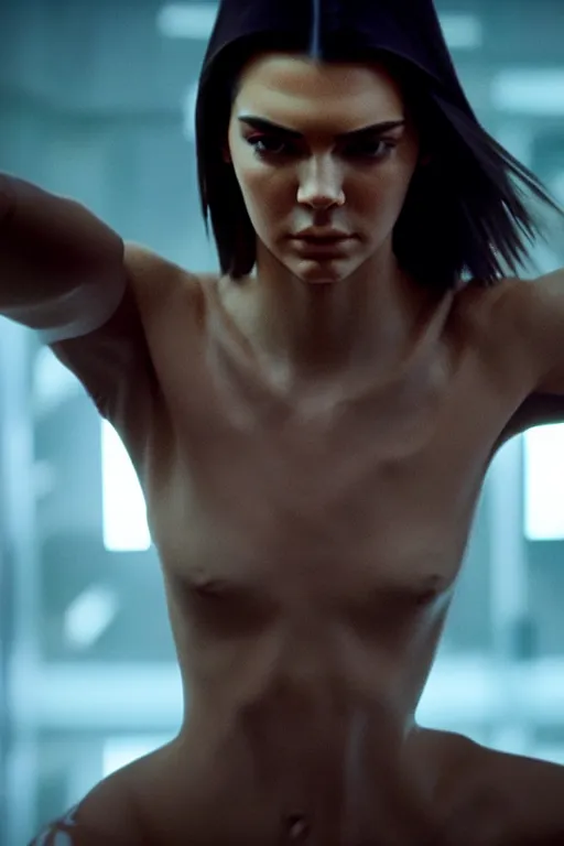 Image similar to film still of Kendall Jenner in the new Denis Villeneuve film, xenomorph holding Kendall again the wall, close shot, Kendall unconscious, cinematic lighting, 4k.