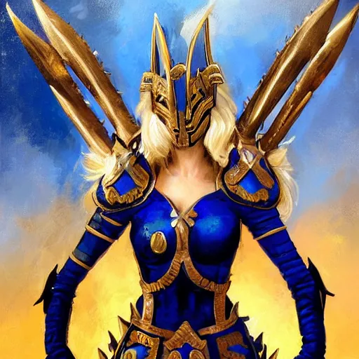 Prompt: painting of a woman in elaborate blue and gold armor with spiked horns on her helmet, painting by Charlie Bowater and WLOP