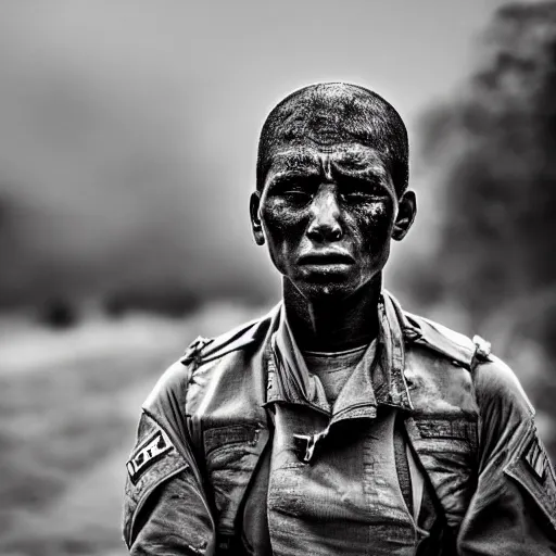 Image similar to soldier!!!!! portrait!!!!! pain, eyes, shoulders, sadness, soft focus, national geographic