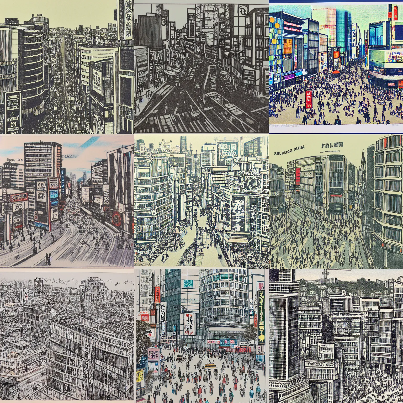 Prompt: detailed lithograph of modern Shibuya on a postcard