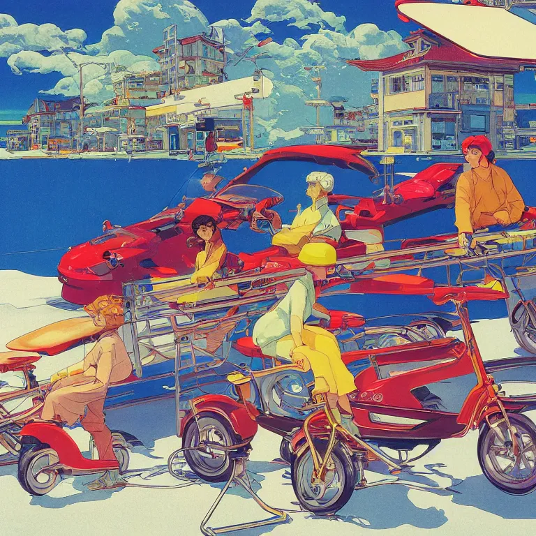 Image similar to electric scooters that fly over ice, acid and dreaming psychedelic hallucinations, by kawase hasui, moebius and edward hopper, colorful flat surreal design, hd, 8 k, artstation