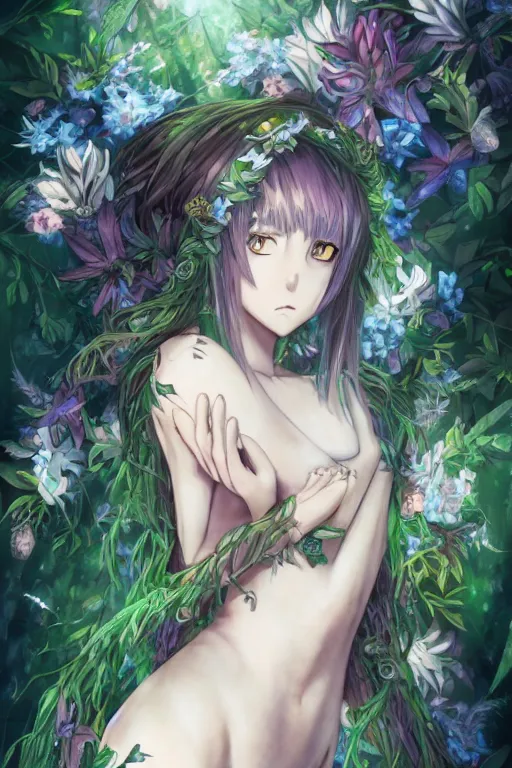 Prompt: anime key visual of a beautiful young forest nymph, sacred tattoos covering body, intricate, magical forest, stunning, highly detailed, digital painting, artstation, smooth, hard focus, illustration, final fantasy, art by sekiq, art by sakimichan, art by deviant art