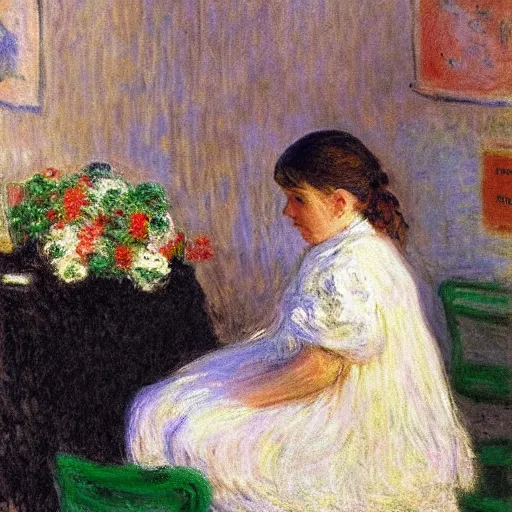 Prompt: a girl with a white headkerchief sitting alone on a birthday table looking sad by monet