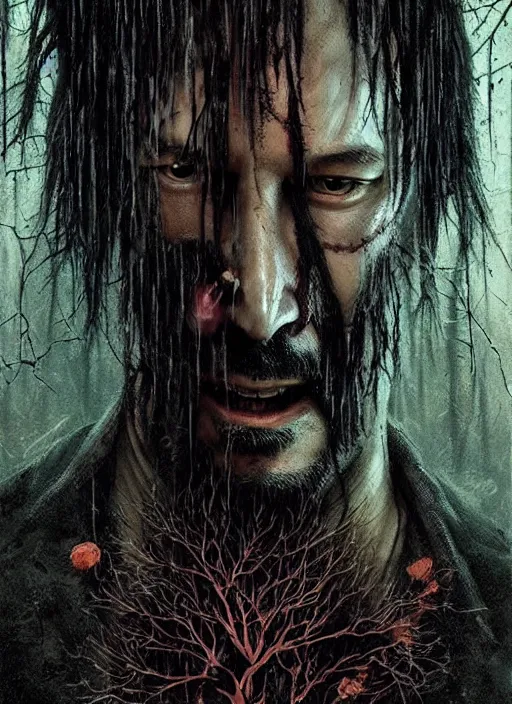 Image similar to highly detailed horror movie poster with angry creepy keanu reeves as a tree, keanu reeves faces in the bark of many trees sentient leafy catastrophe by greg rutkowski, masterpiece, really funny, 1 0 / 1 0 creepy