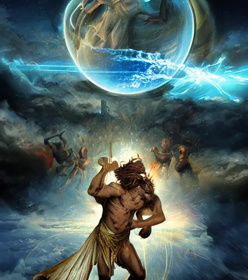 Image similar to arteus fighting demons and a faded background of orbital earth bombardment on the side, hyper - realistic, double exposure effect, in the style of greek myths, amazing detail