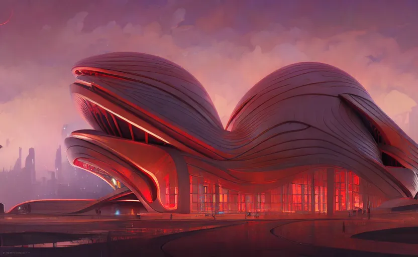 Image similar to exterior shot of utopian architecture red building with cinematic lighting by zaha hadid and renzo piano, darek zabrocki and greg ruthkowski, alphonse mucha, simon stalenhag, cinematic, stars, beautiful, holy place, paradise, scifi, futurism, atmospheric, concept art, artstation, trending on artstation