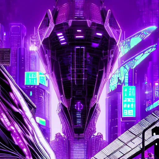 Image similar to Giant Purple Amethyst in cyberpunk neon Tokyo in style of Tsutomu Nihei. Cyberpunk, vertical symmetry, 8K, Highly Detailed, Intricate.