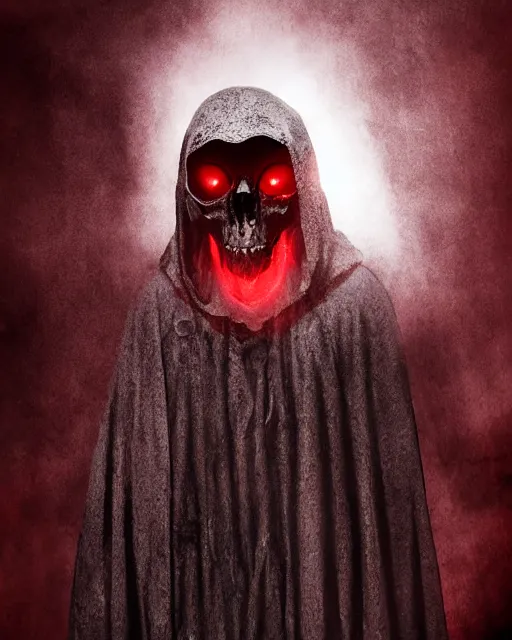 Image similar to rat's skull ghost - spirit of the grim - darkly shrouded cloak with glowing red eyes peering through tattered hood, midnight fog - mist!, cinematic lighting, various refining methods, micro macro autofocus, ultra definition, award winning photo, photograph by ghostwave - gammell - giger - shadowlord