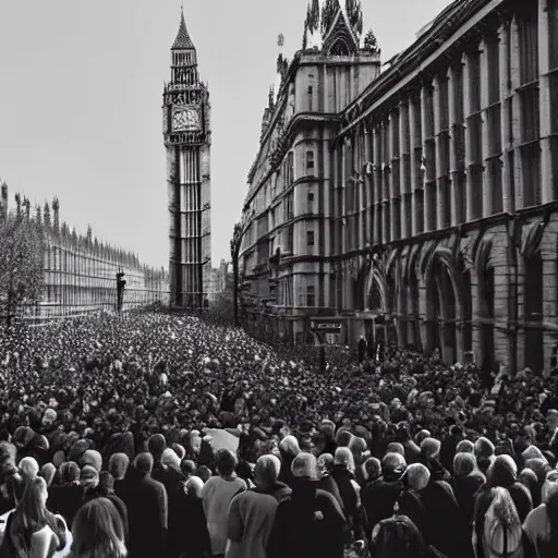 Prompt: a picture of westminster with a gigantic crowd of protestors on the street, the sky is blue and everyone is holding russian signs wide shot hyperrealistic photography 7 0 mm