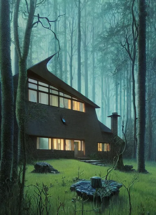 Image similar to hyper realistic witchy modern house with mood lighting and tech in the woods gorgeous lighting, blue sky, highly detailed, lush forest foliage painting by zdzisław beksinski and norman rockwell and greg rutkowski weta studio, and lucasfilm