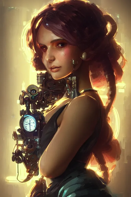 Prompt: portrait of a steampunk girl with mechanical parts and neon light by Artgerm and Greg Rutkowski , digital painting, highly detailed, trending on artstation