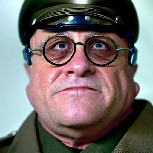 Prompt: Danny Devito as a soldier in a movie directed by Christopher Nolan, movie still frame, promotional image, imax 70 mm footage