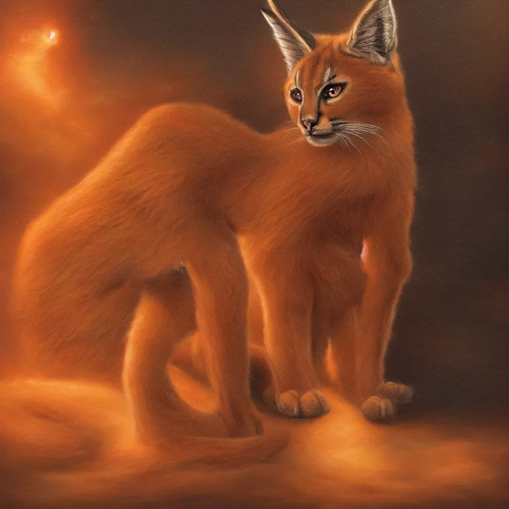 Image similar to many cute fluffy caracals, fire, epic, fantasy setting, dark environment, serene colors, soft lighting, atmospheric, cinematic, moody, in the style of diego koi, gina heyer, luiz escanuela, art by alyssa monk, hyperrealism, rule of thirds, golden ratio, oil on canvas, 8 k