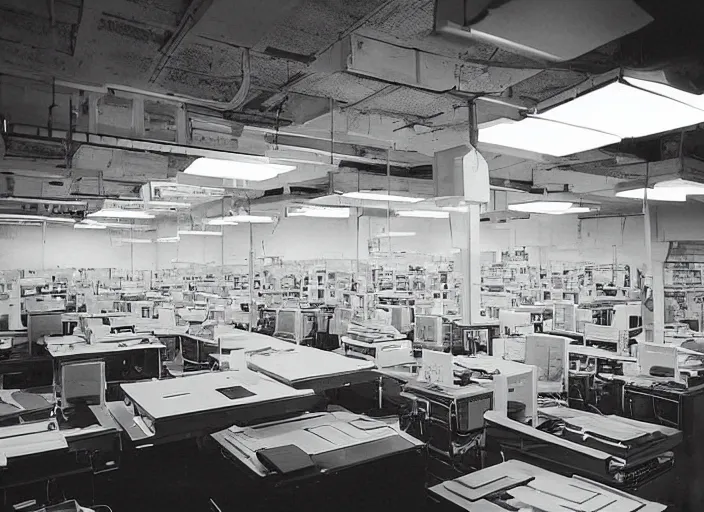 Prompt: data processing plant, with retro matrix printers rapidly printing sheets of paper overflowing onto the floor. 2000s computer ad style picture in high contrast color