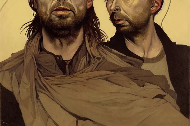 Prompt: hyper realistic portrait of wider face thom yorke on stage, by lee bermejo, alphonse mucha and greg rutkowski